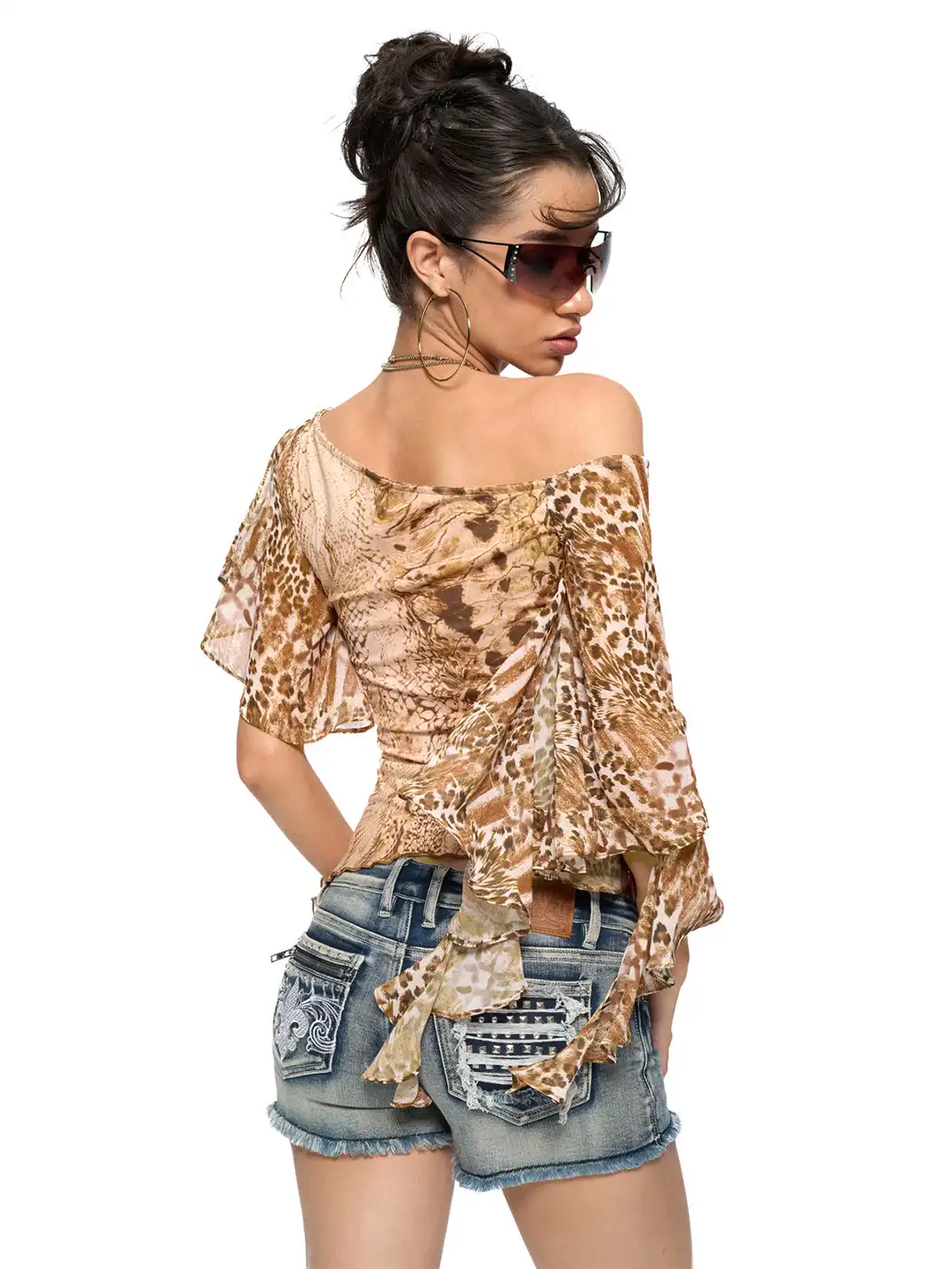 JYOSEI | Snake & Leopard Print One-Shoulder Slim Ruffle Top