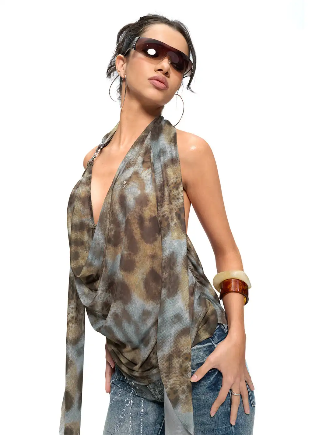 JYOSEI | Leopard Print Cowl Neck Backless Top