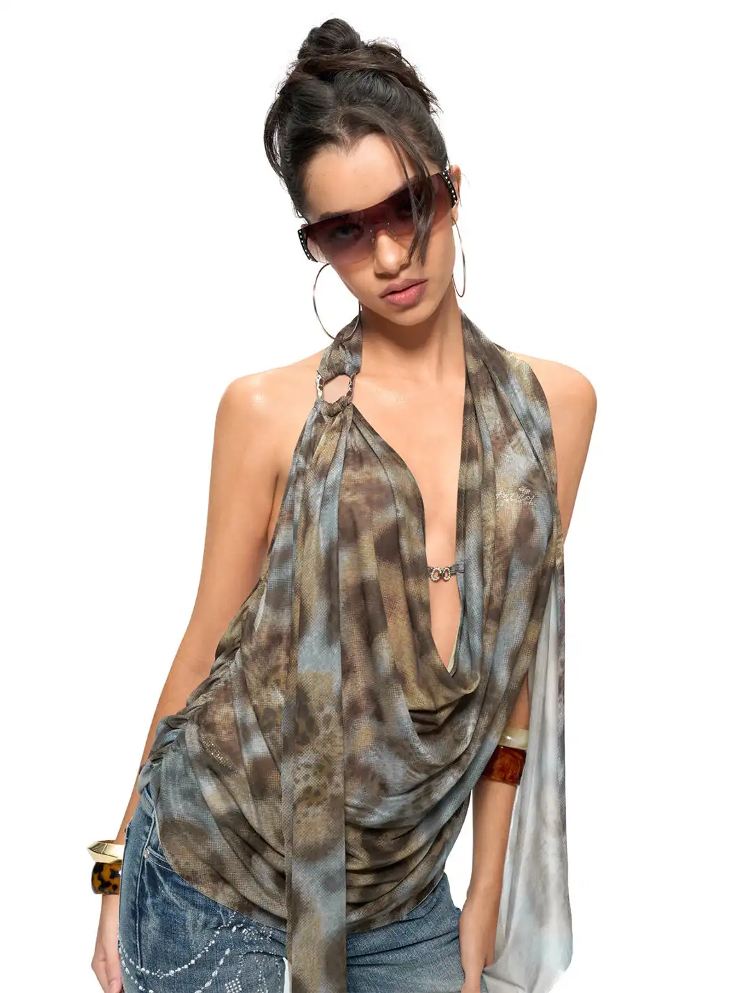 JYOSEI | Leopard Print Cowl Neck Backless Top