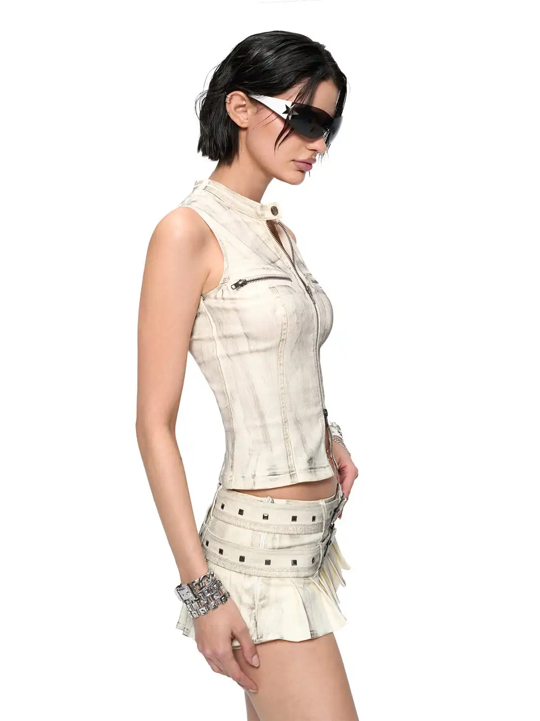 JYOSEI | Distressed Dirty-Finish Mini Pleated Skirt & Cami Top Set