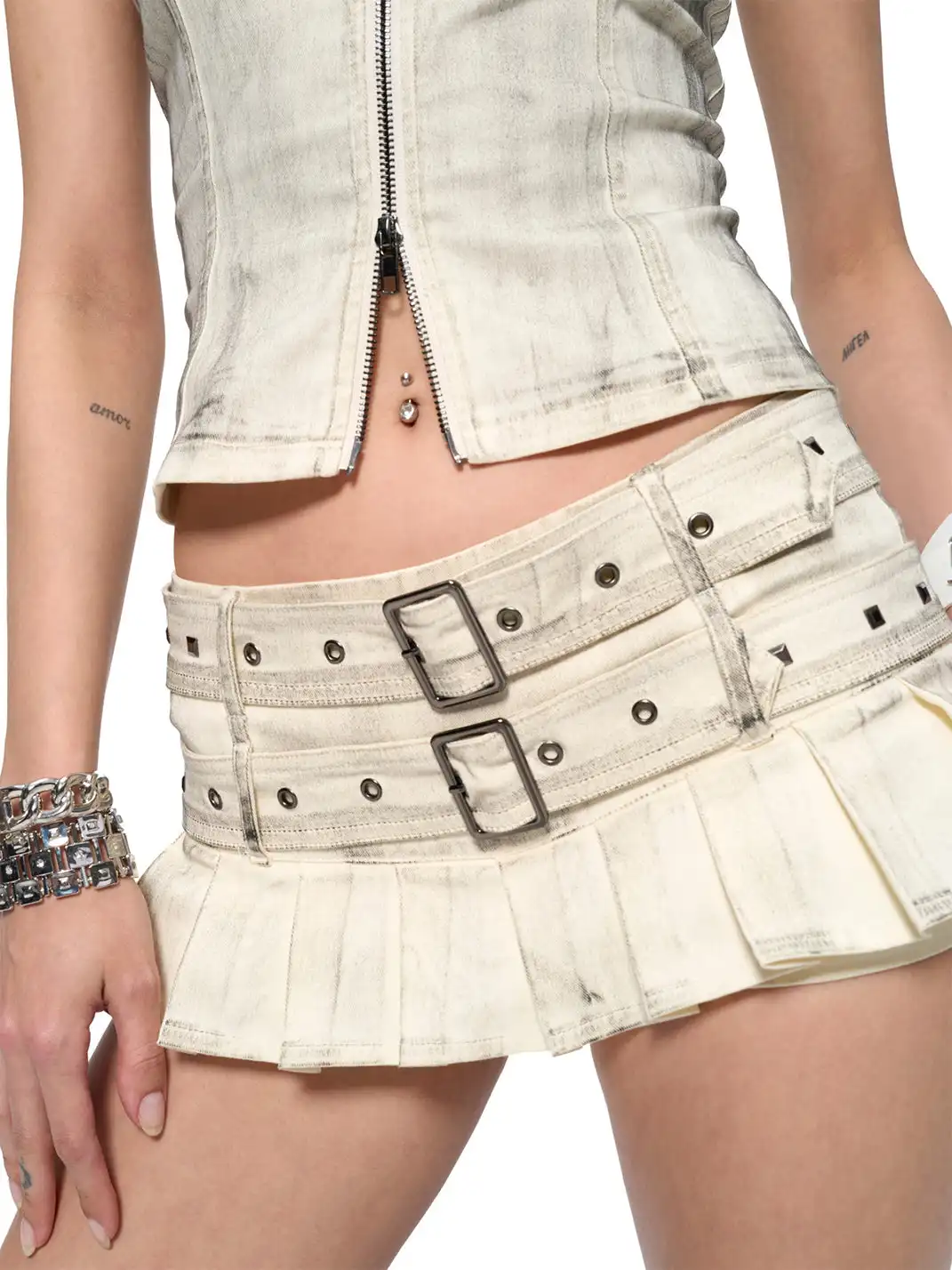 JYOSEI | Distressed Dirty-Finish Mini Pleated Skirt & Cami Top Set