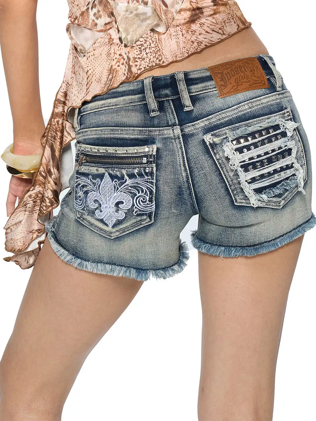 JYOSEI | Frayed Rivet Embroidered Ripped Denim Shorts