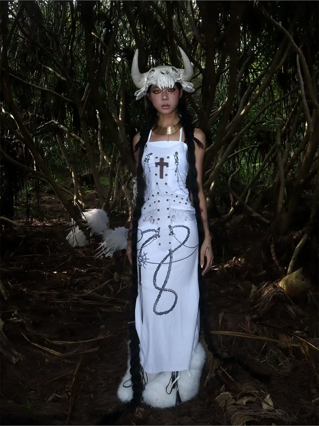 Her366 | Cross & Sword Print Spaghetti Strap Mermaid Midi Dress