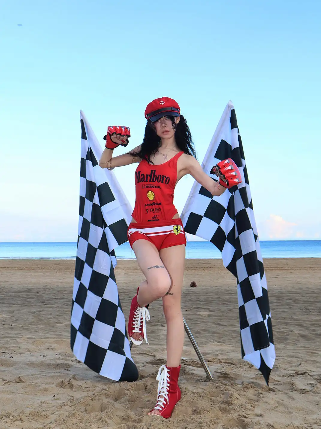 Her366 | Funny Racing Red & White Shorts