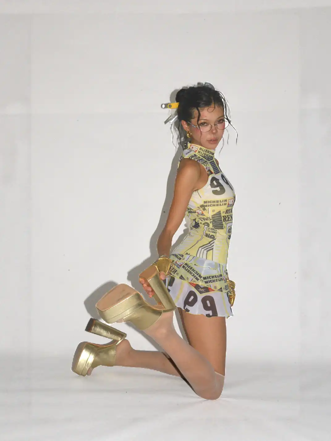 Her366 | Yellow Printed Mesh Mini Dress
