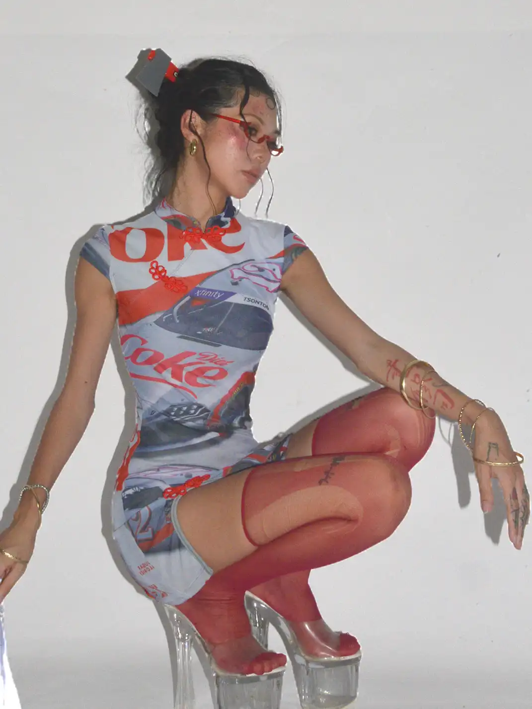 Her366 | Racing Print Double-Layer Mesh High Slit Dress