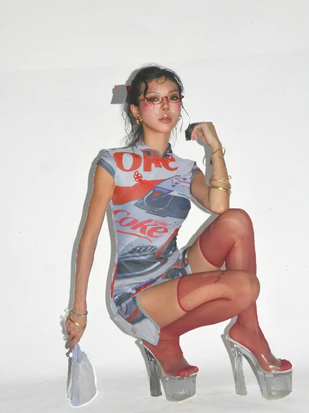 Her366 | Racing Print Double-Layer Mesh High Slit Dress