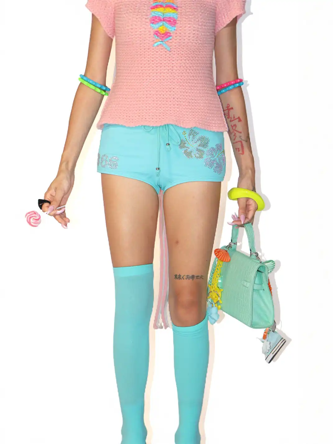 Her366 | Low-rise Mint Green Rhinestone Shorts