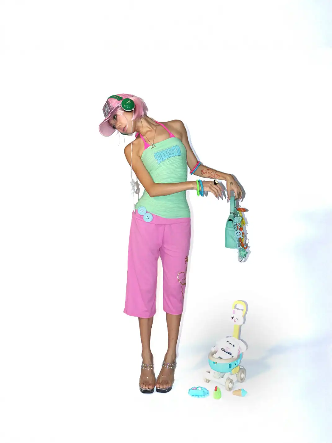 Her366 | Hot Pink Gold Foil Button Cuffed Cropped Pants