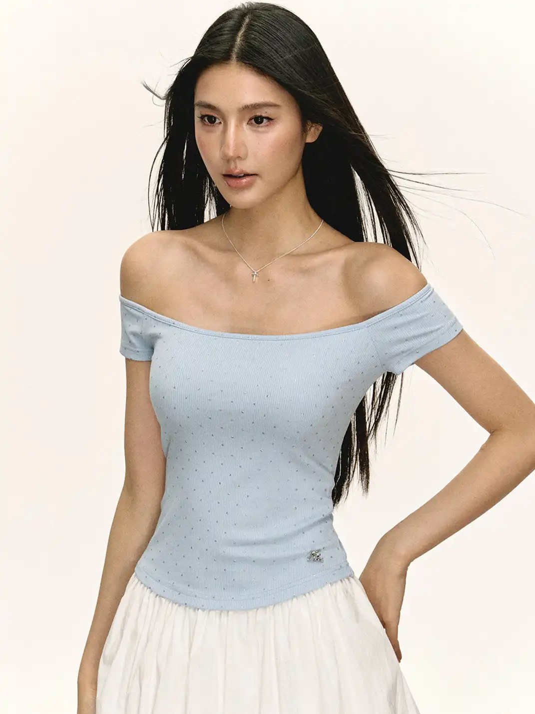 ARISEISM | Rhinestone Off-the-Shoulder T-Shirt