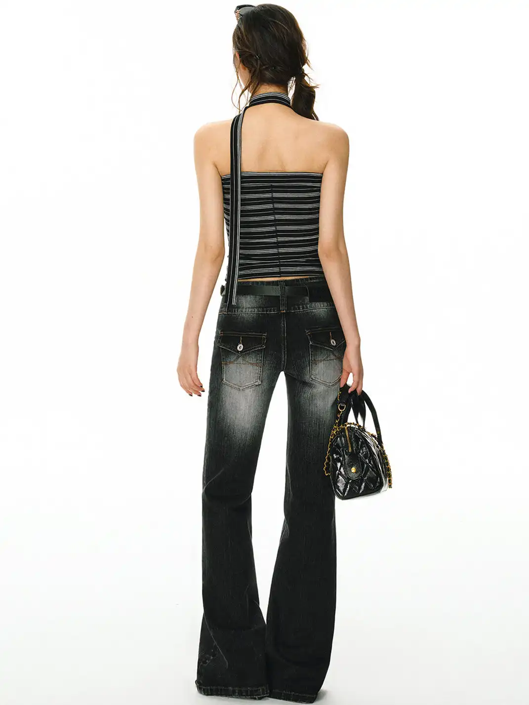 ARISEISM | Vintage Black & Grey Striped Ribbon Top