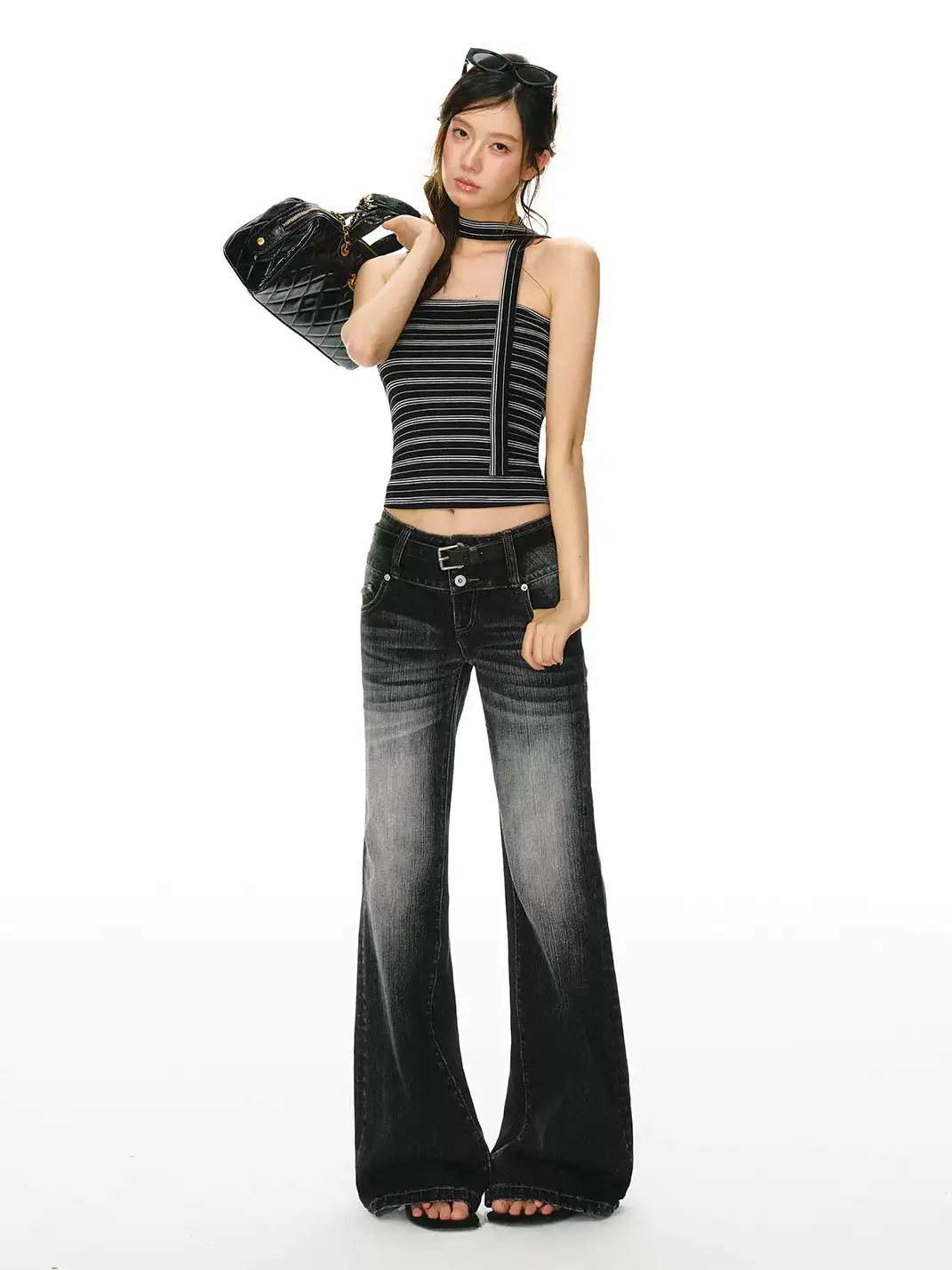 ARISEISM | Vintage Black & Grey Striped Ribbon Top