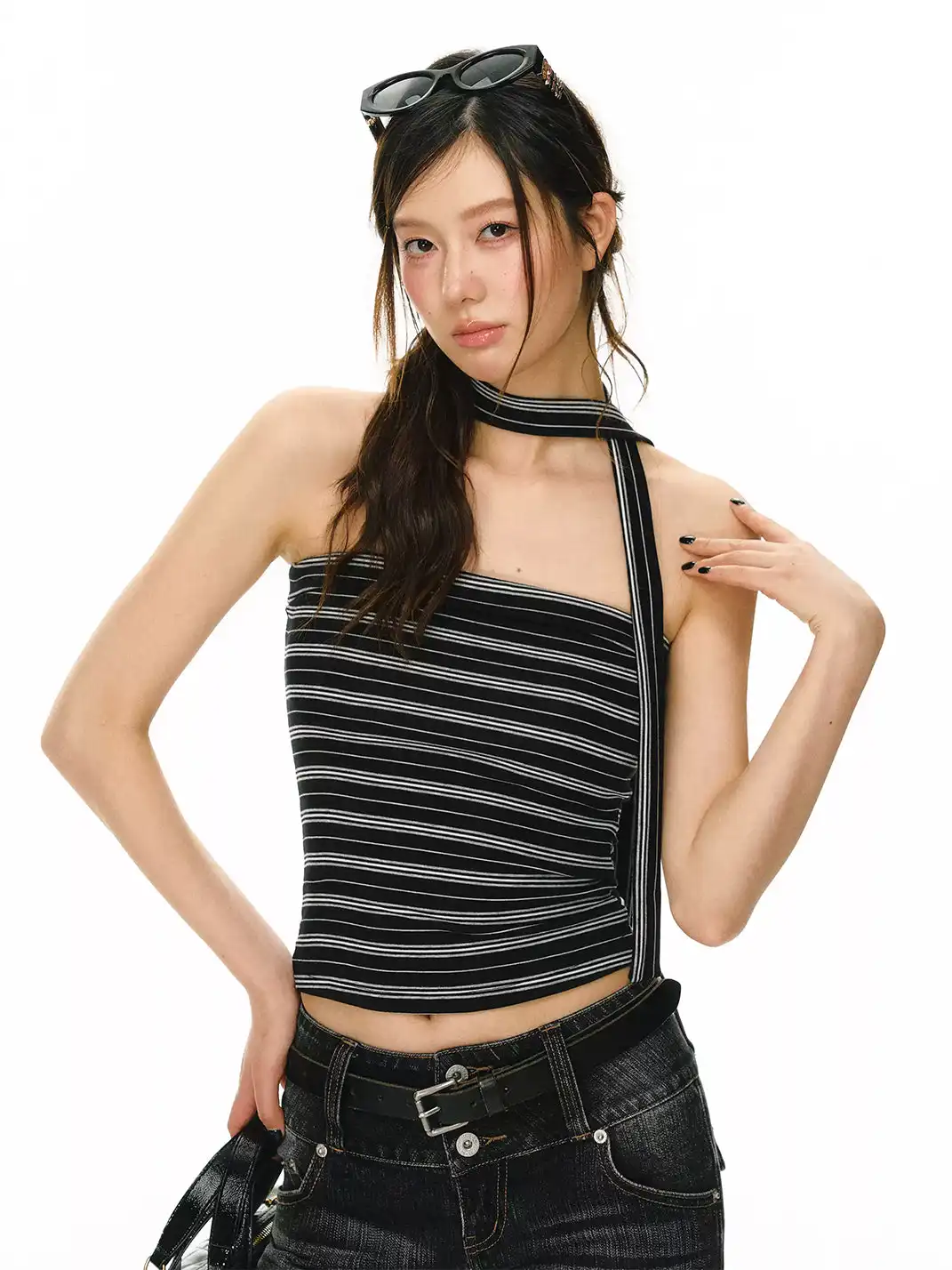 ARISEISM | Vintage Black & Grey Striped Ribbon Top