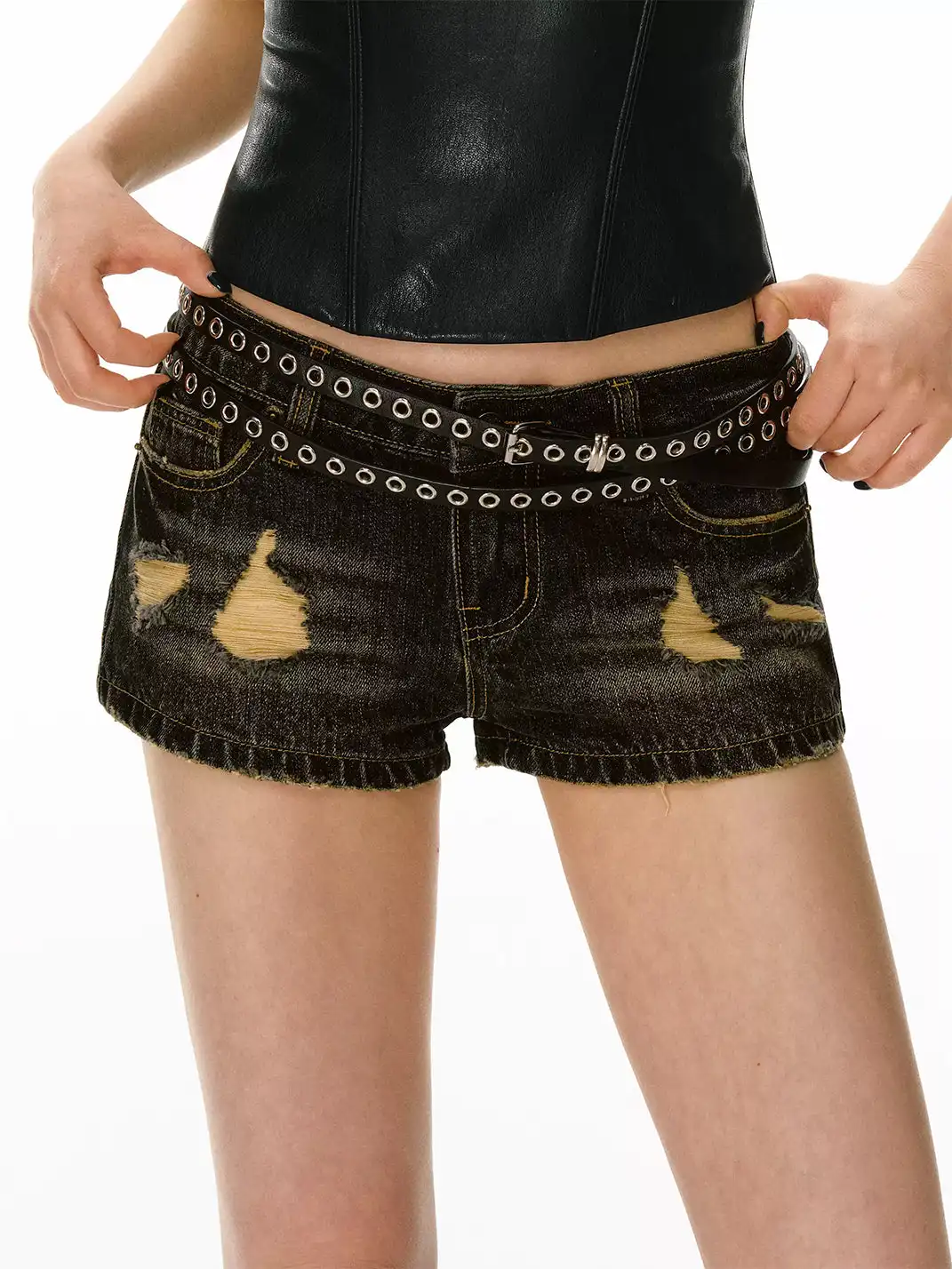 ARISEISM | Vintage Black Ripped Denim Shorts