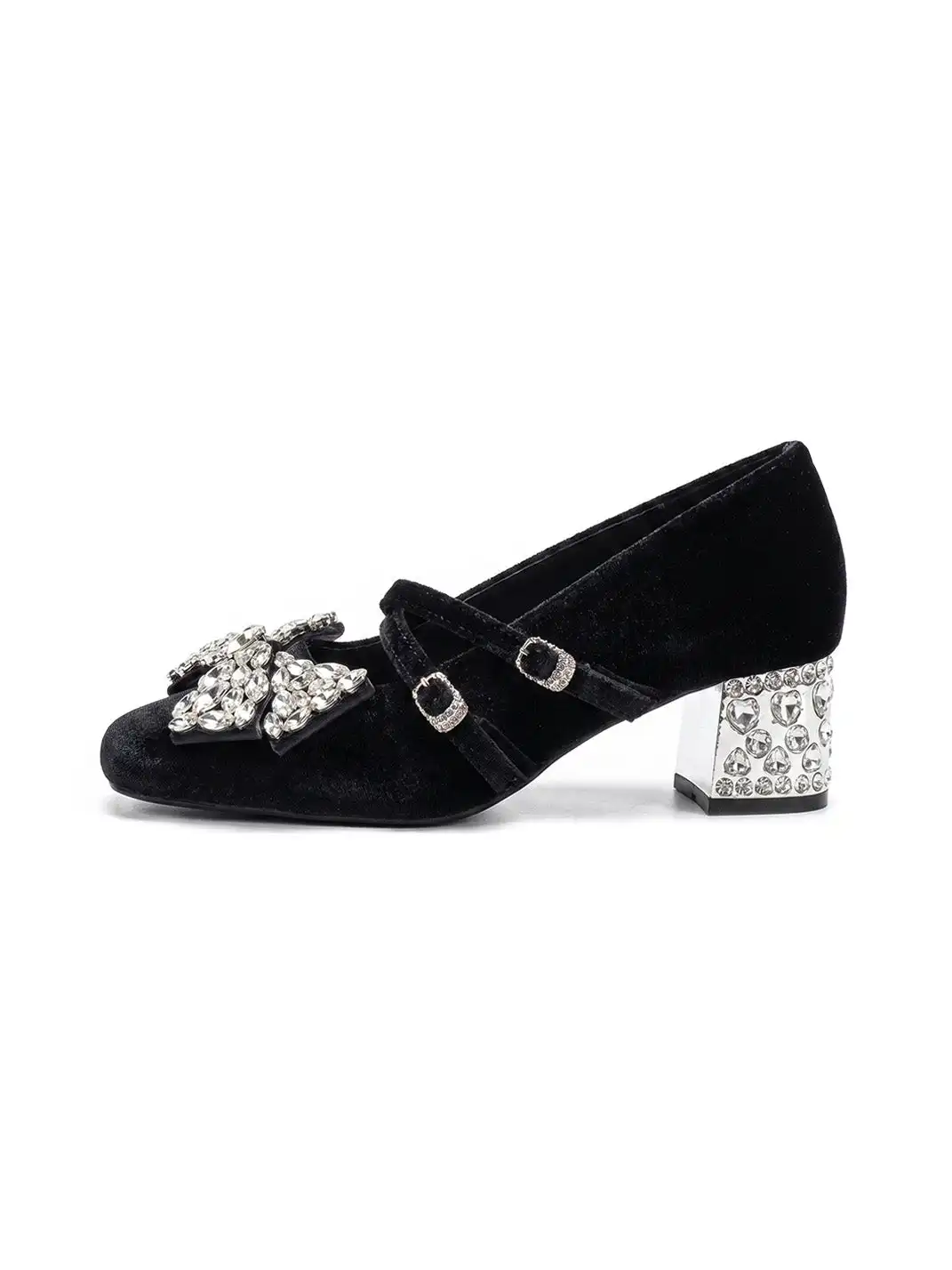 SISTER CURIE | Rhinestone Bow Block Heel Mary Jane Shoes