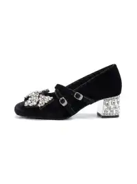 SISTER CURIE | Rhinestone Bow Block Heel Mary Jane Shoes