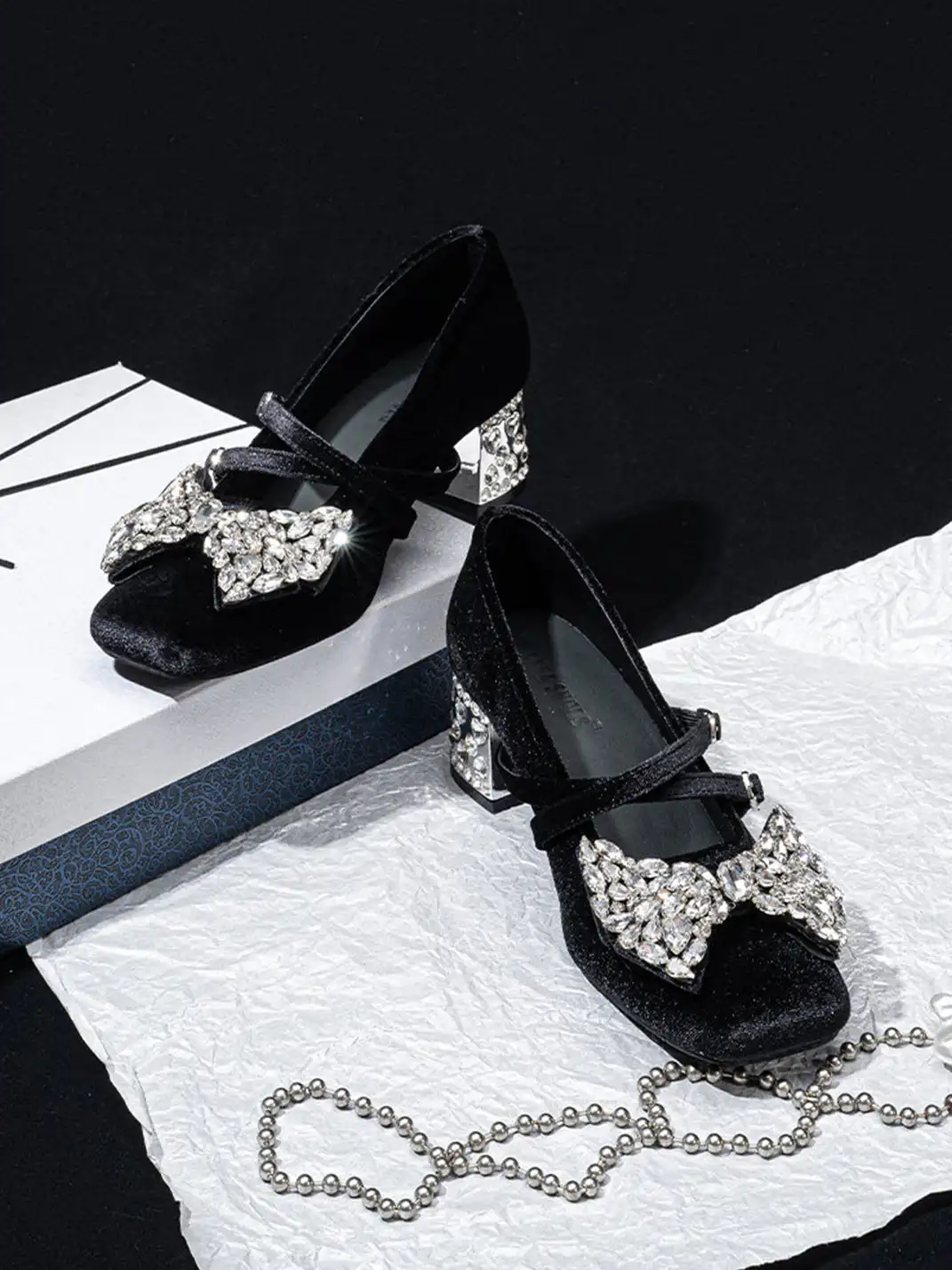 SISTER CURIE | Rhinestone Bow Block Heel Mary Jane Shoes