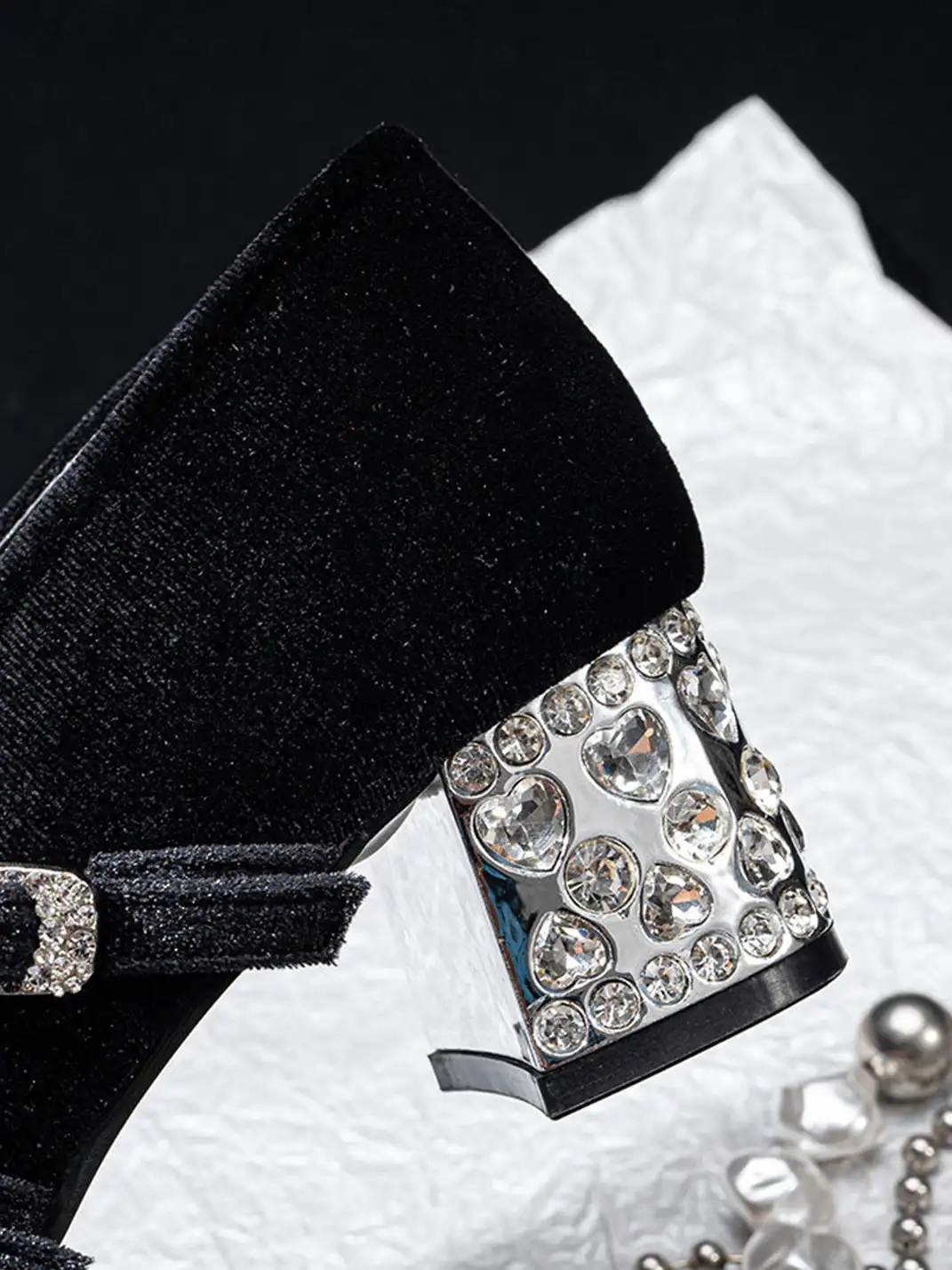 SISTER CURIE | Rhinestone Bow Block Heel Mary Jane Shoes