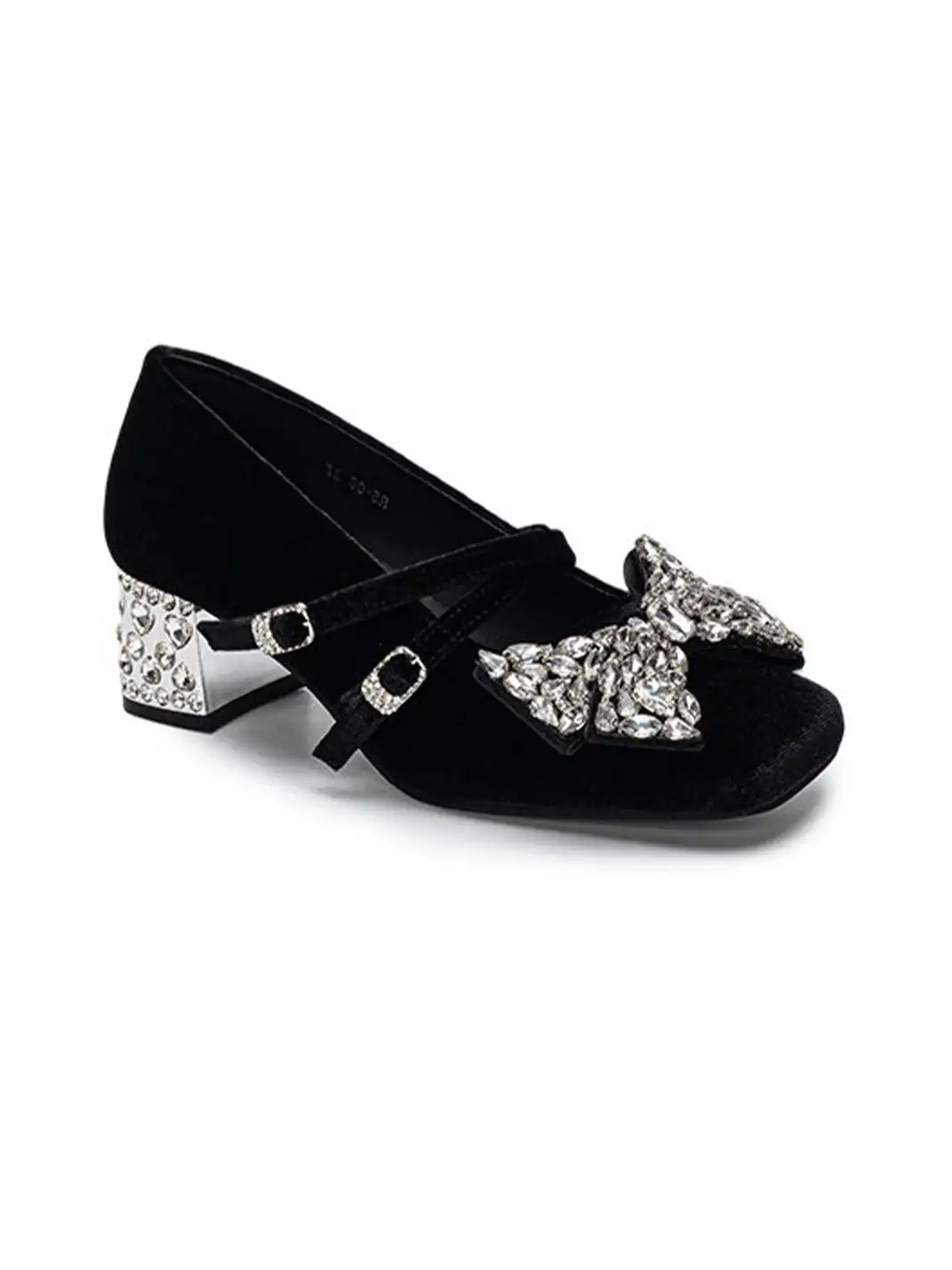SISTER CURIE | Rhinestone Bow Block Heel Mary Jane Shoes