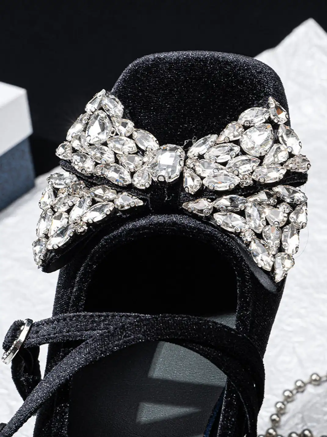SISTER CURIE | Rhinestone Bow Block Heel Mary Jane Shoes