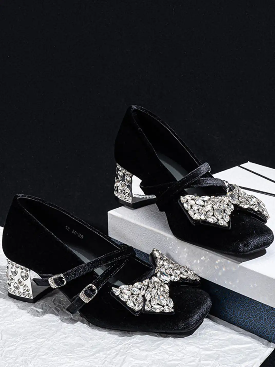 SISTER CURIE | Rhinestone Bow Block Heel Mary Jane Shoes