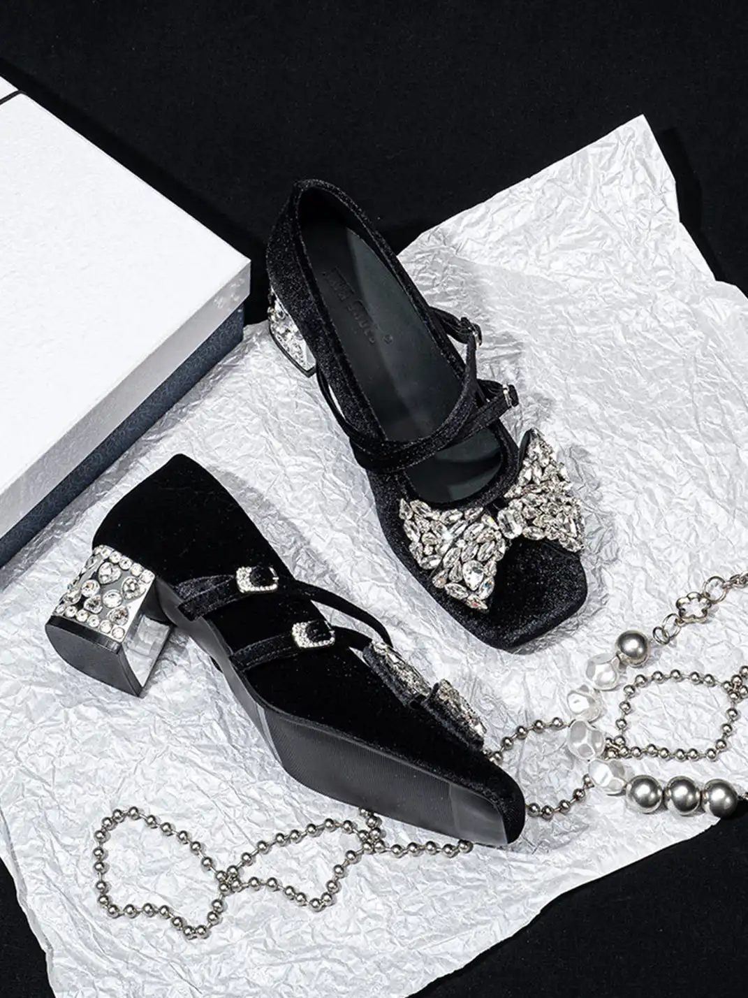 SISTER CURIE | Rhinestone Bow Block Heel Mary Jane Shoes