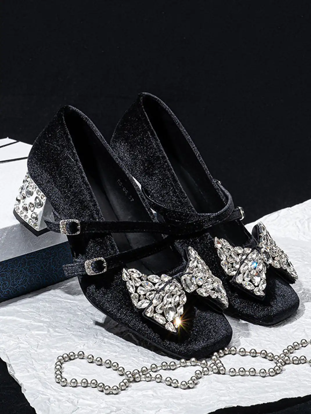 SISTER CURIE | Rhinestone Bow Block Heel Mary Jane Shoes