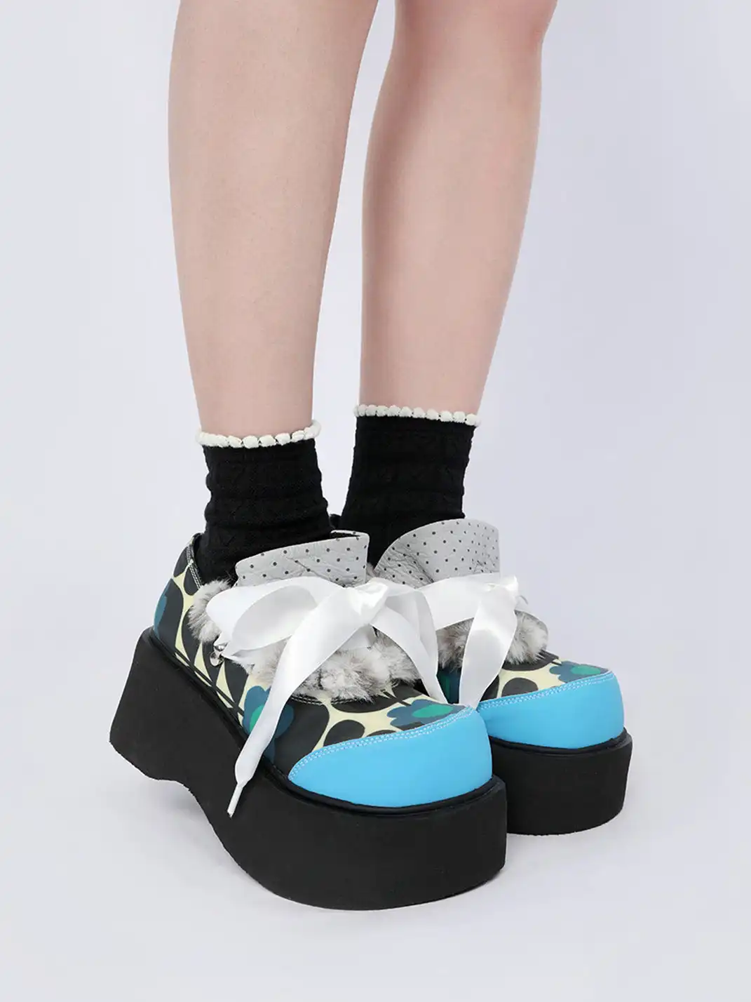 Yeah Hot | Pattern Print Furry Bow Platform Oxford Shoes