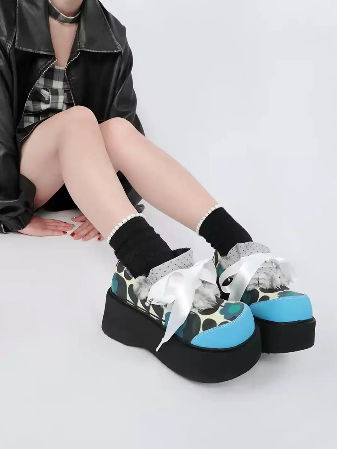 Yeah Hot | Pattern Print Furry Bow Platform Oxford Shoes