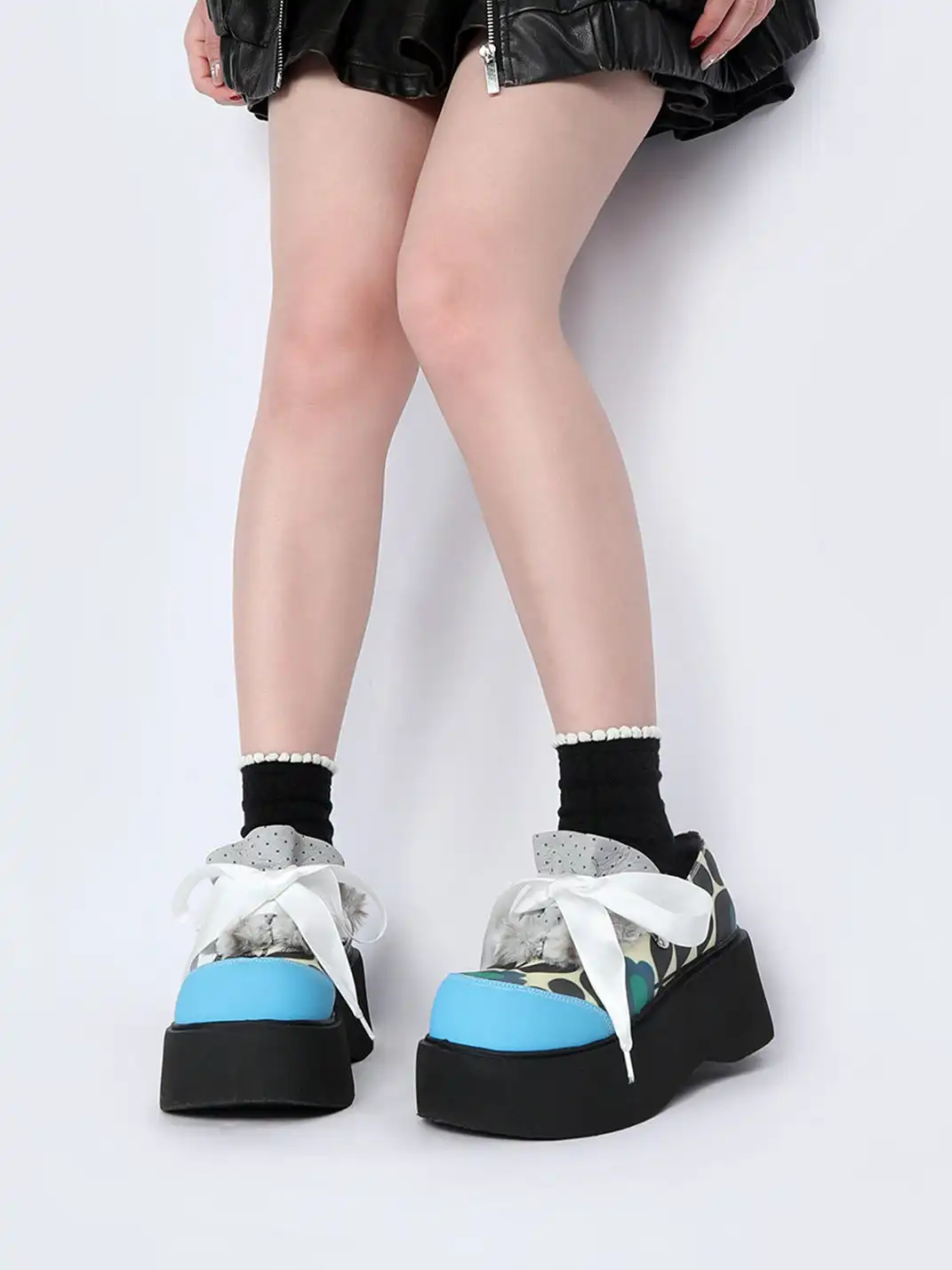 Yeah Hot | Pattern Print Furry Bow Platform Oxford Shoes