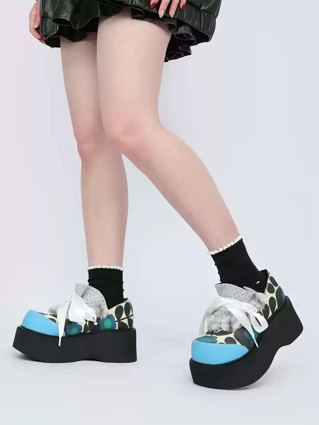 Yeah Hot | Pattern Print Furry Bow Platform Oxford Shoes