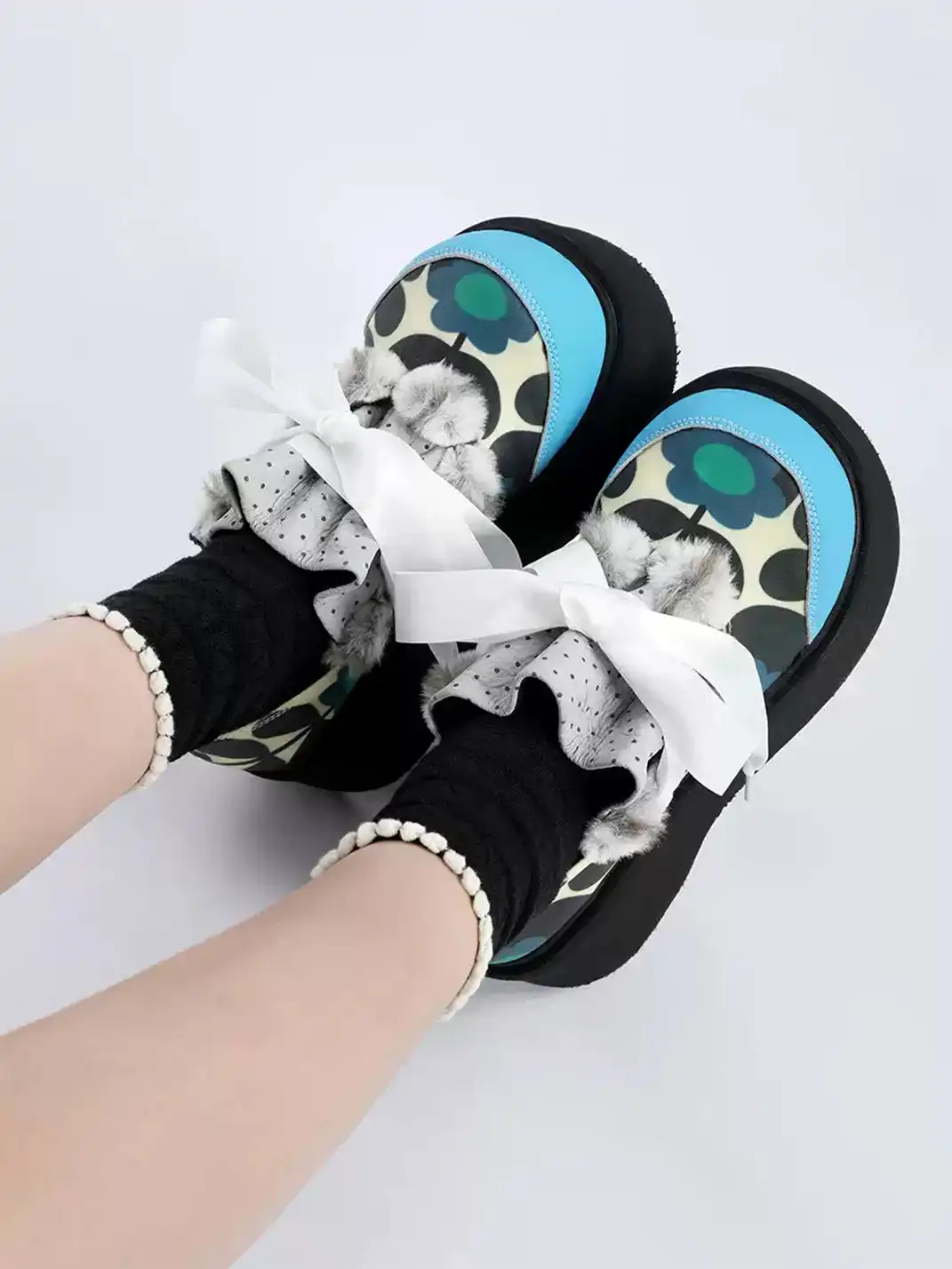 Yeah Hot | Pattern Print Furry Bow Platform Oxford Shoes