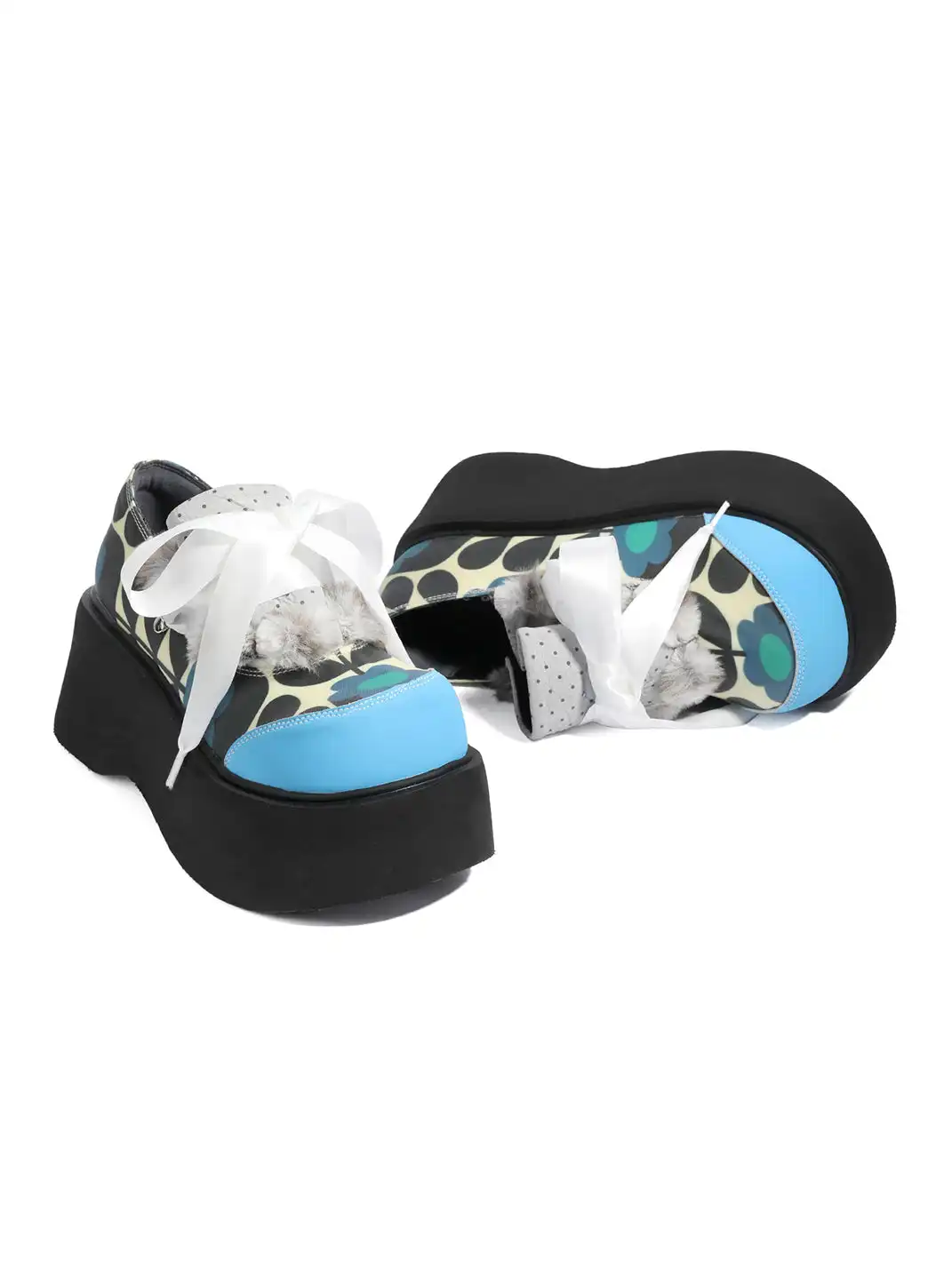Yeah Hot | Pattern Print Furry Bow Platform Oxford Shoes