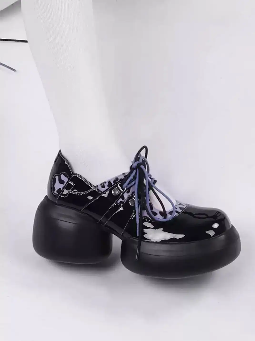 Enqo | Gloss Patent Purple Leopard Lace-Up Platform Mary Janes
