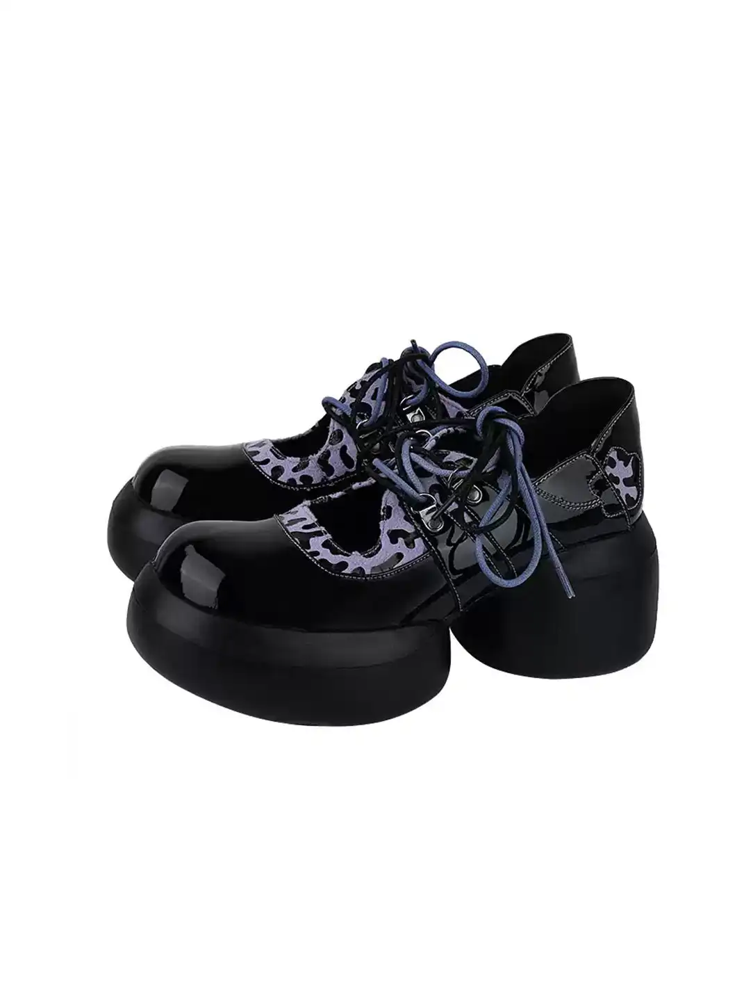 Enqo | Gloss Patent Purple Leopard Lace-Up Platform Mary Janes