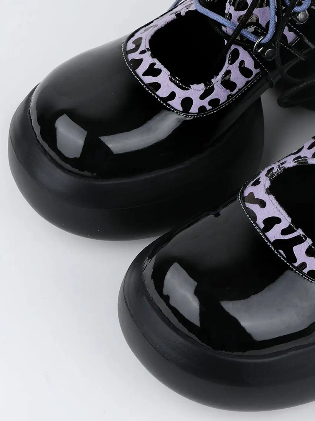 Enqo | Gloss Patent Purple Leopard Lace-Up Platform Mary Janes