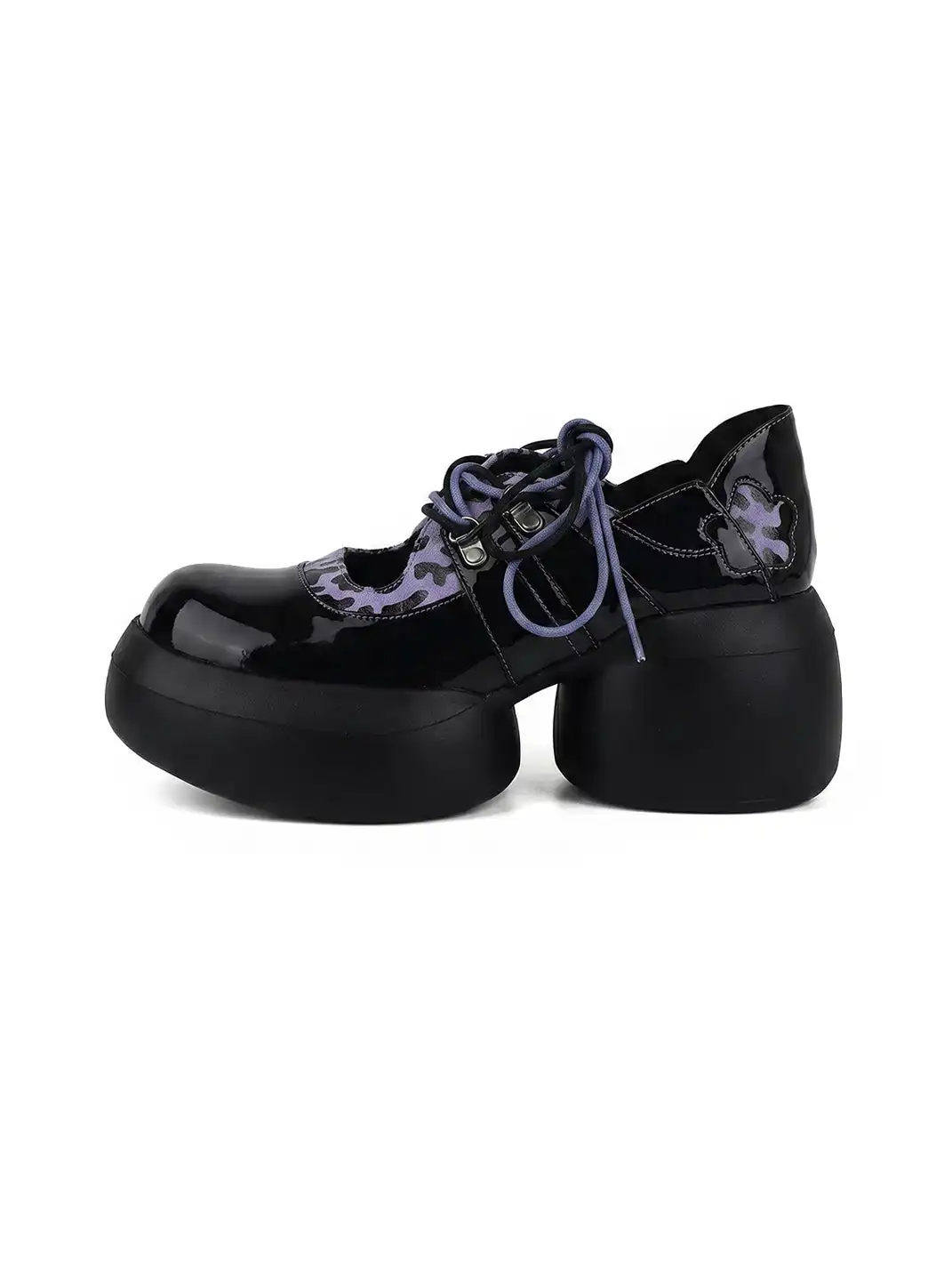 Enqo | Gloss Patent Purple Leopard Lace-Up Platform Mary Janes