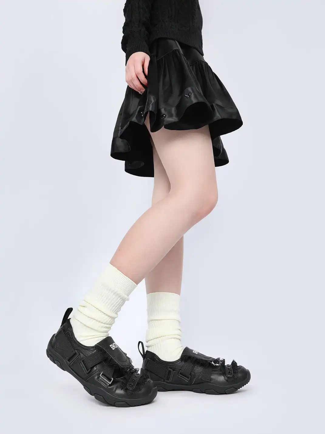 Enqo | Lace Trim Rivet Velcro Flat Sneakers
