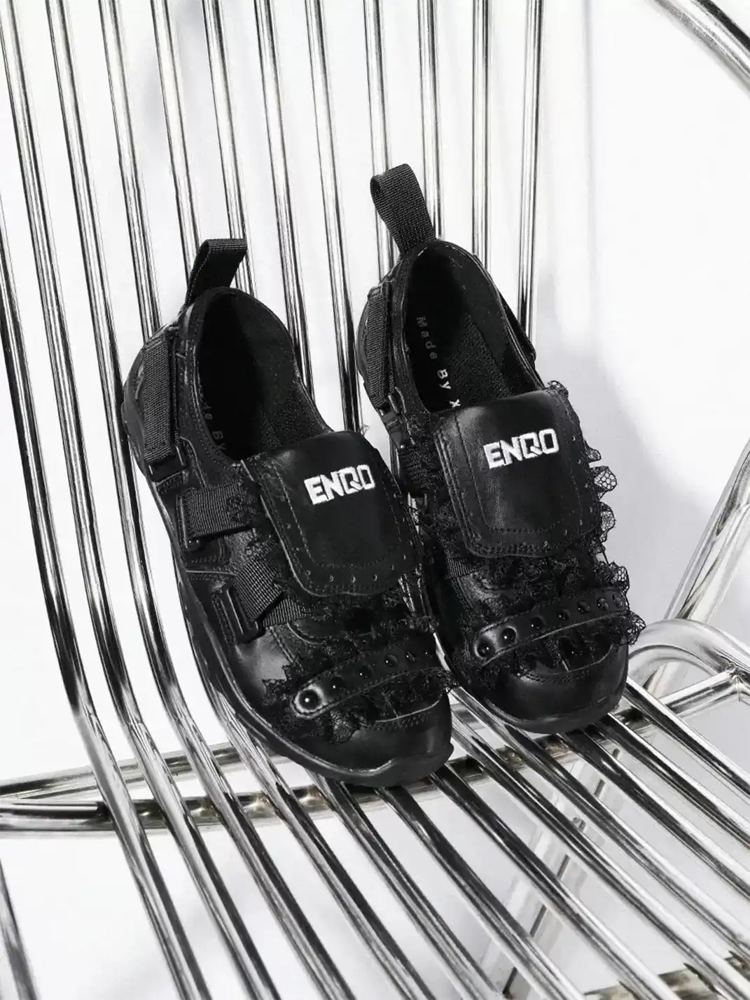 Enqo | Lace Trim Rivet Velcro Flat Sneakers