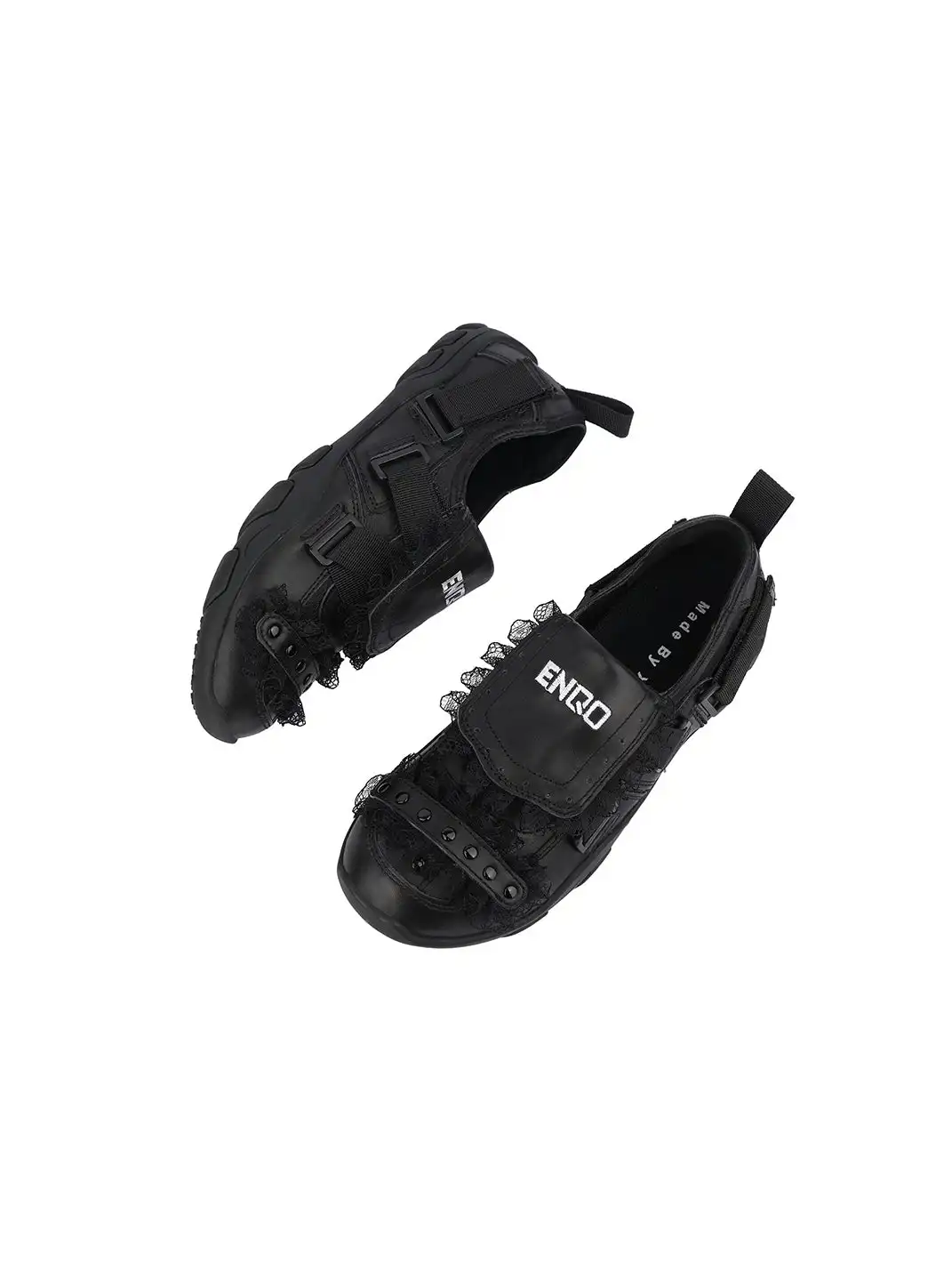 Enqo | Lace Trim Rivet Velcro Flat Sneakers
