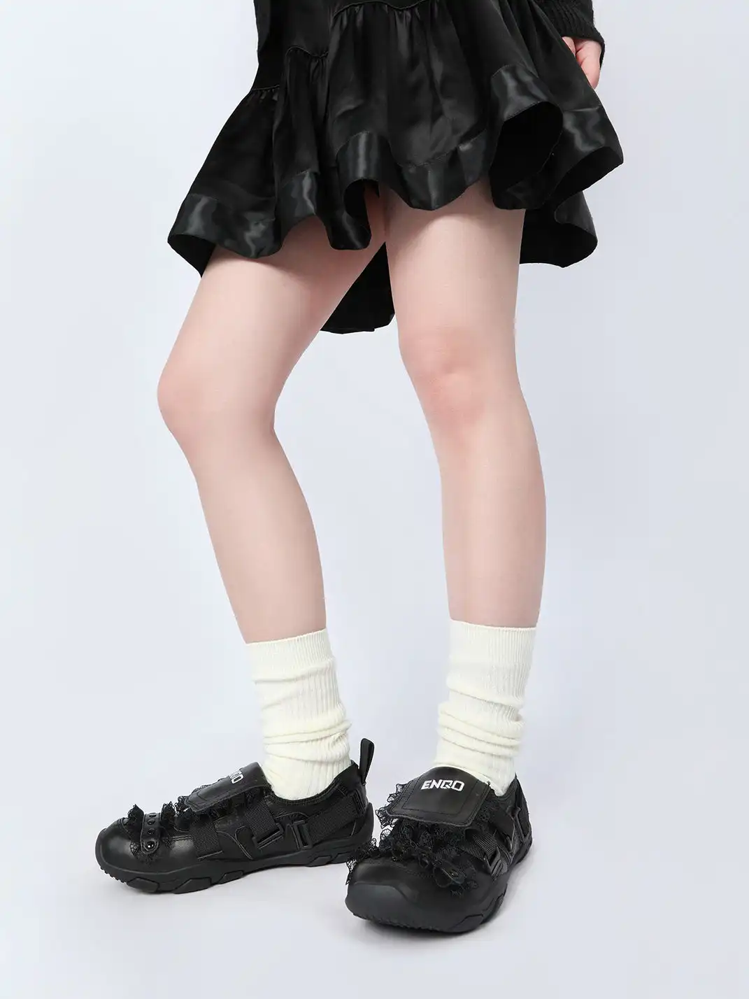 Enqo | Lace Trim Rivet Velcro Flat Sneakers