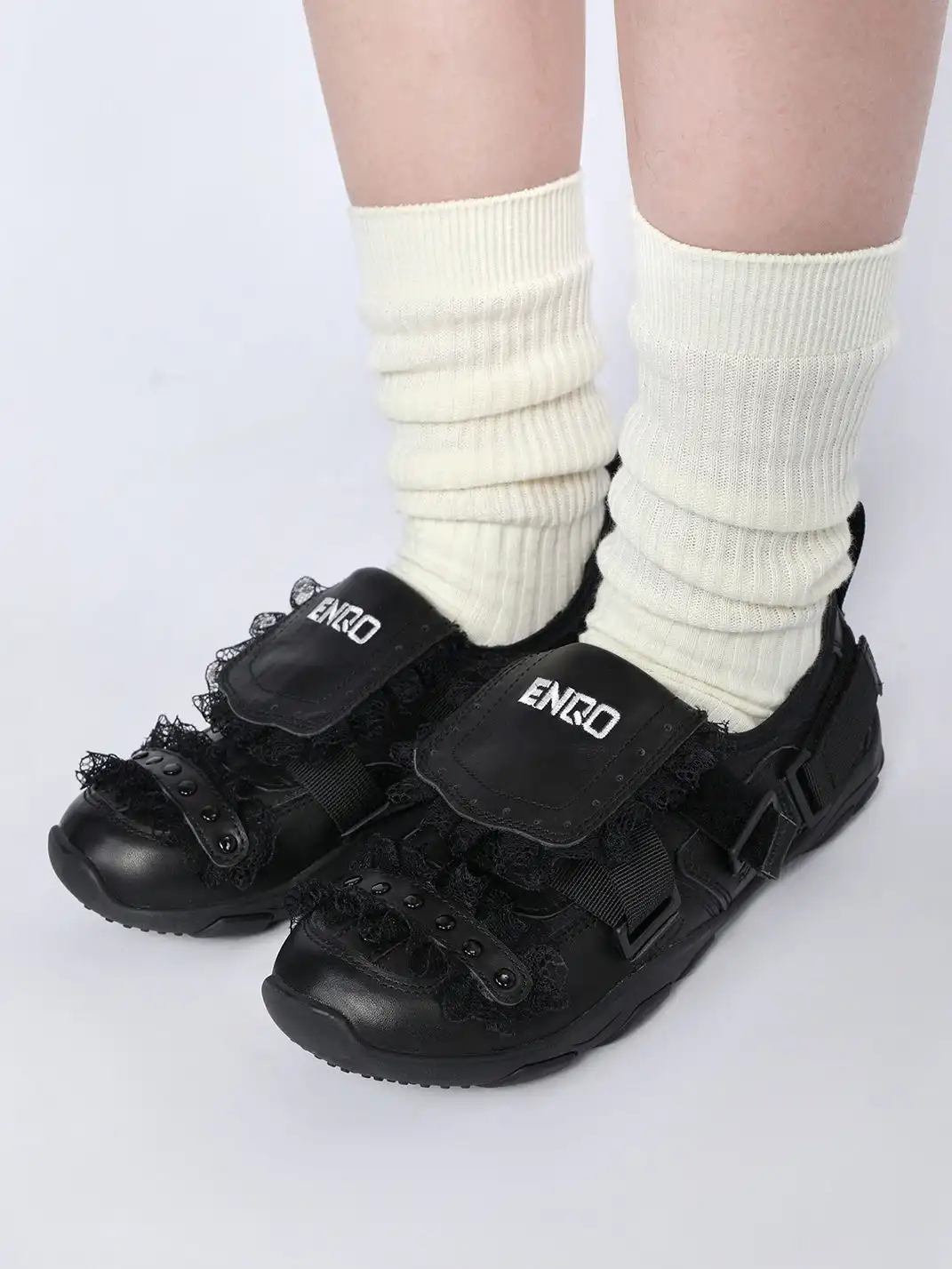 Enqo | Lace Trim Rivet Velcro Flat Sneakers
