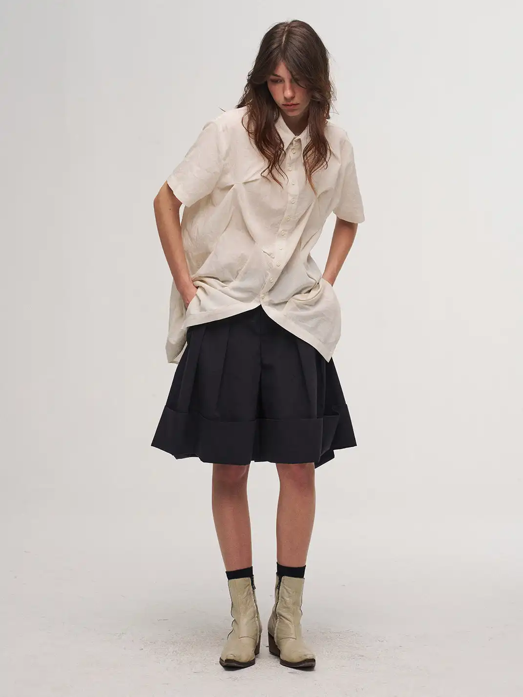 INN | Loose Casual Cuffed Shorts-Dark Blue