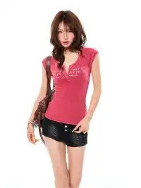 YOUNG STAGE | Washed Letter Print Henley Short Sleeve T-shirt