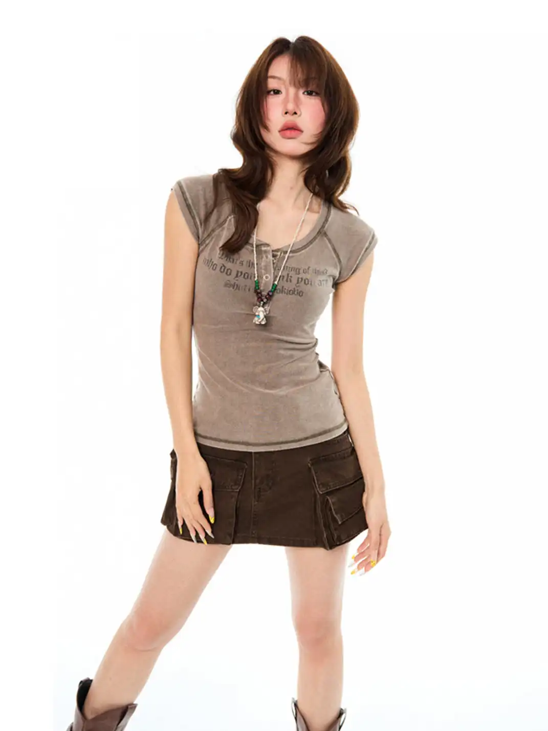 YOUNG STAGE | Washed Letter Print Henley Short Sleeve T-shirt