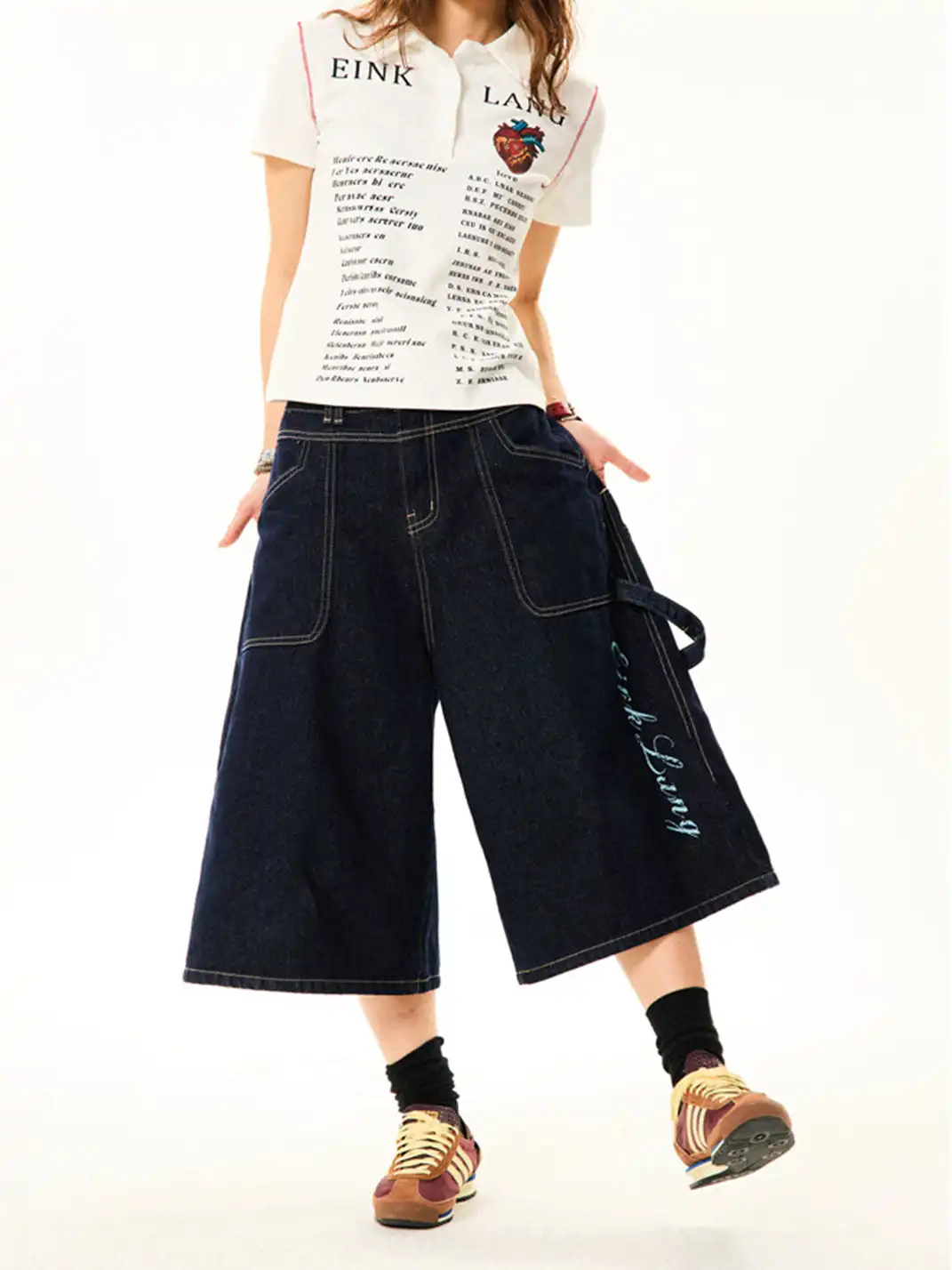 YOUNG STAGE | Cross Print Denim Cropped Capri Pants