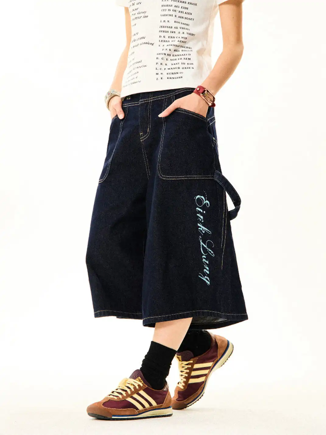 YOUNG STAGE | Cross Print Denim Cropped Capri Pants