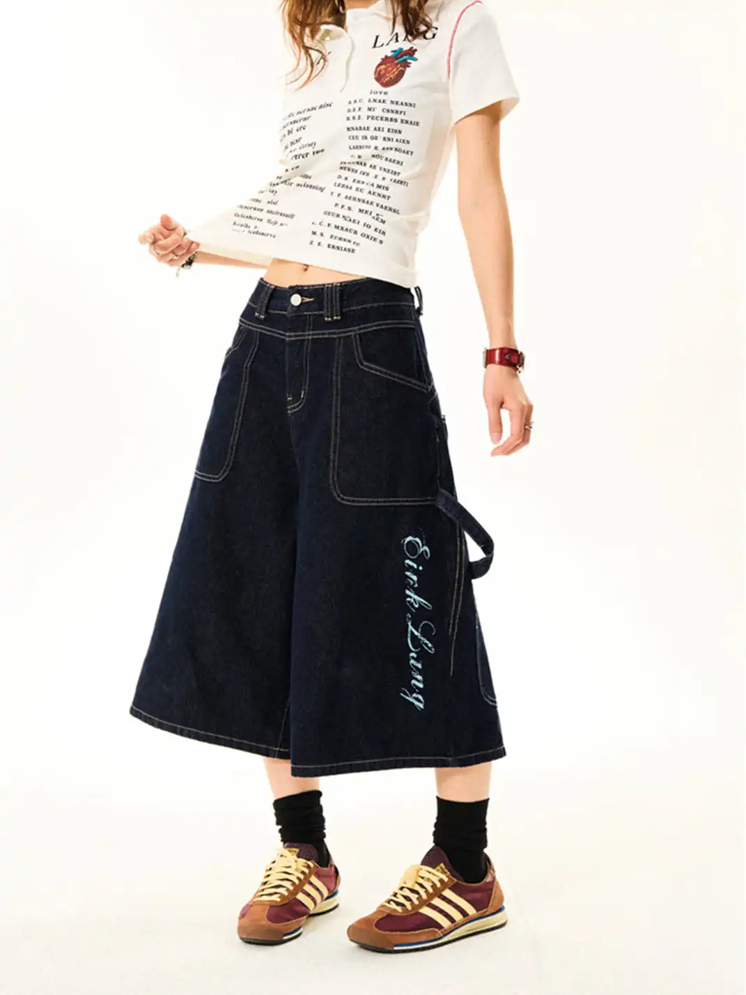YOUNG STAGE | Cross Print Denim Cropped Capri Pants