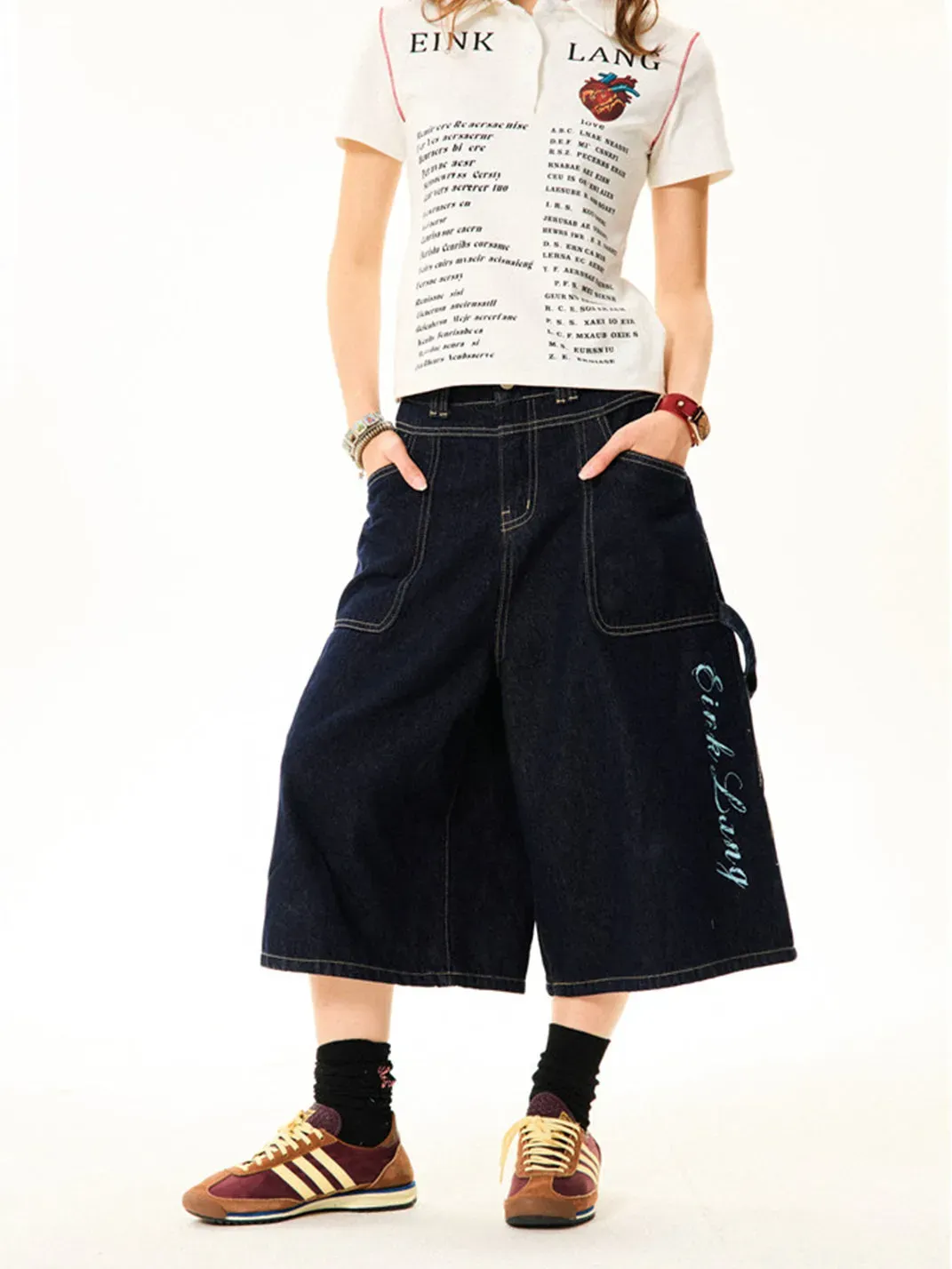 YOUNG STAGE | Cross Print Denim Cropped Capri Pants