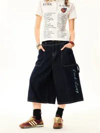 YOUNG STAGE | Cross Print Denim Cropped Capri Pants